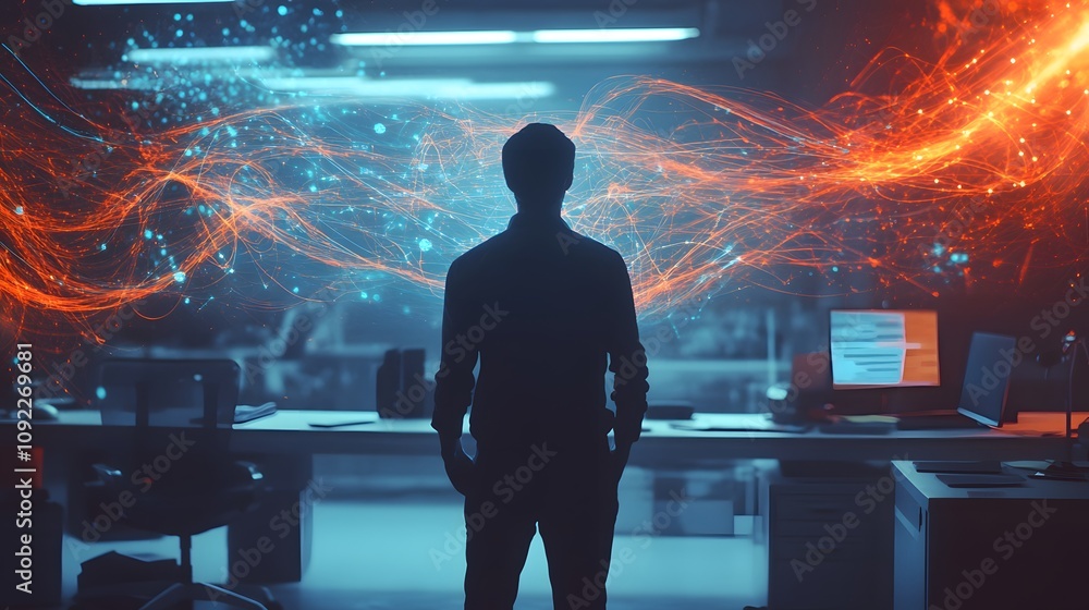 Aufkleber an entrepreneur in a clean office visualizing 3d glowing roadmaps of a startup journey and 2d task o