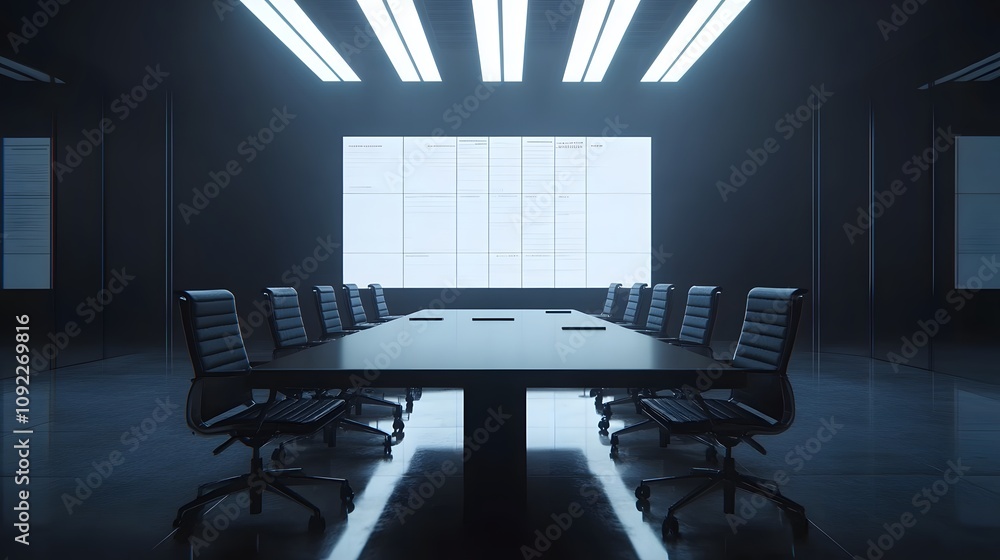 Poster A minimalist meeting room featuring 3D glowing progress maps and 2D glowing interactive checklists. 4k resolution, Cinematic Scene