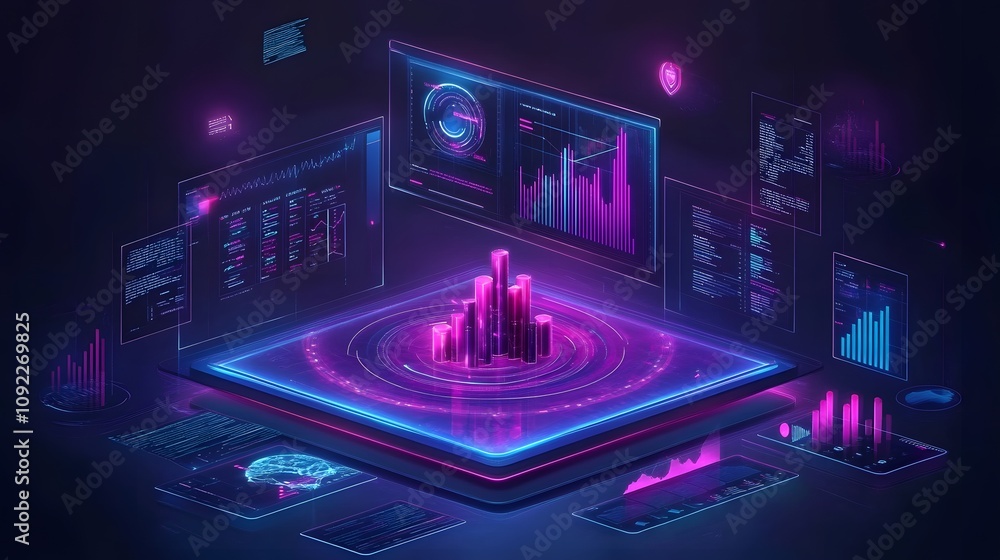 Poster A digital workspace where 3D glowing charts of user acquisition are discussed alongside 2D floating feedback. 4k resolution, Cinematic Scene