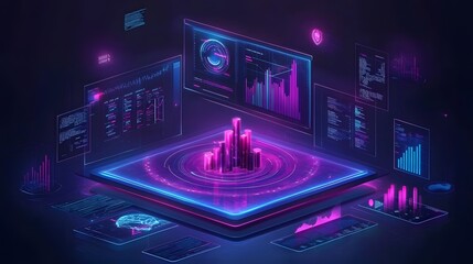 A digital workspace where 3D glowing charts of user acquisition are discussed alongside 2D floating feedback. 4k resolution, Cinematic Scene