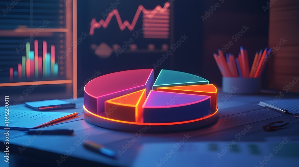 Aufkleber A brainstorming session with 3D glowing pie charts of market shares and 2D annotations of growth strategies. 4k resolution, Cinematic Scene