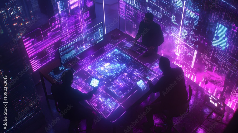 Poster a professional team working on a 3d digital transformation strategy, surrounded by 2d glowing insigh