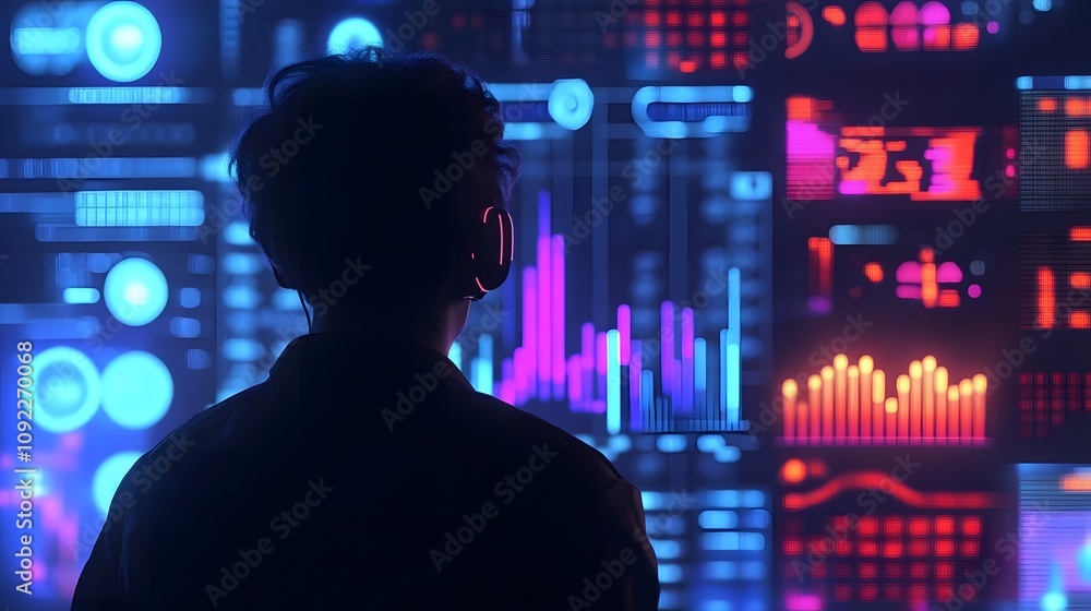 Poster A modern professional analyzing 3D glowing indicators of customer satisfaction with 2D visual forecasts of improvement. 4k resolution, Cinematic Scene