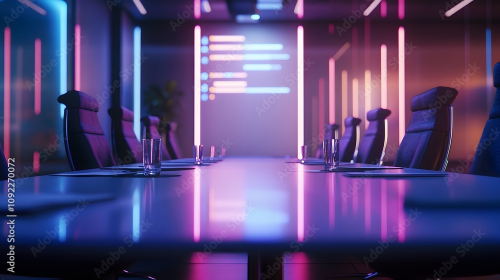 Poster a corporate meeting with 3d glowing product launch timelines and 2d visual highlights of market pred