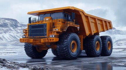 A large orange dump truck on a rugged landscape, designed for heavy-duty transportation.