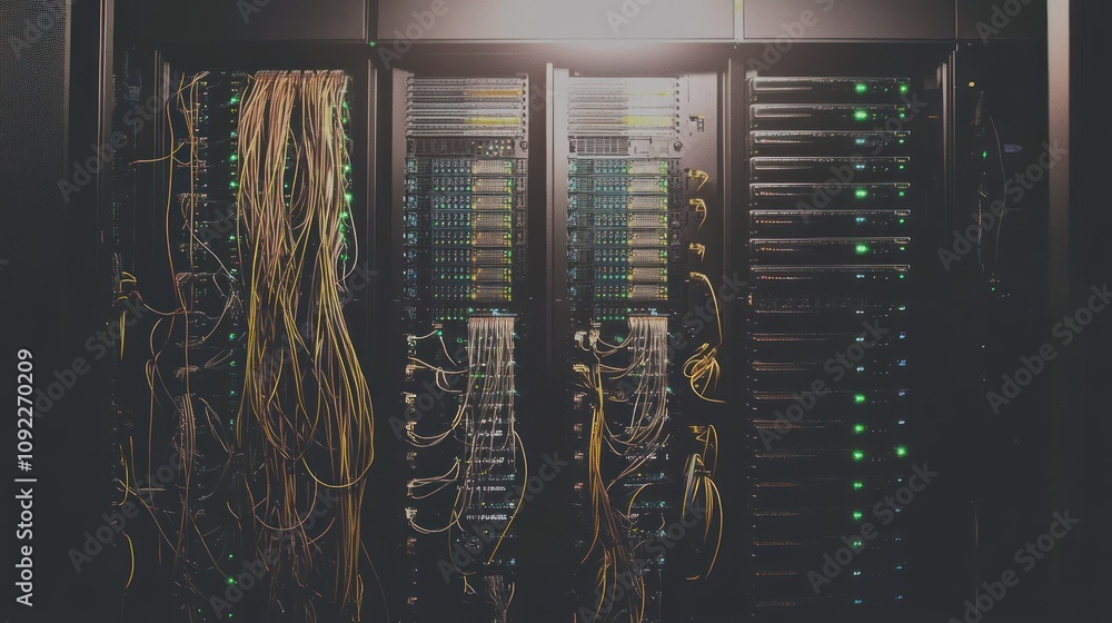 Poster network server room with extensive cabling and equipment