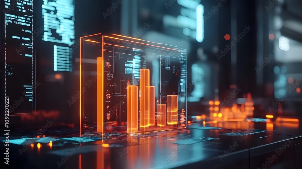 Poster A futuristic design lab displaying 3D glowing product concepts and 2D visual analyses of market fit. 4k resolution, Cinematic Scene