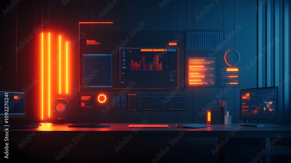 Poster a minimalist desk showcasing 3d glowing workflow integrations and 2d success markers. 4k resolution,