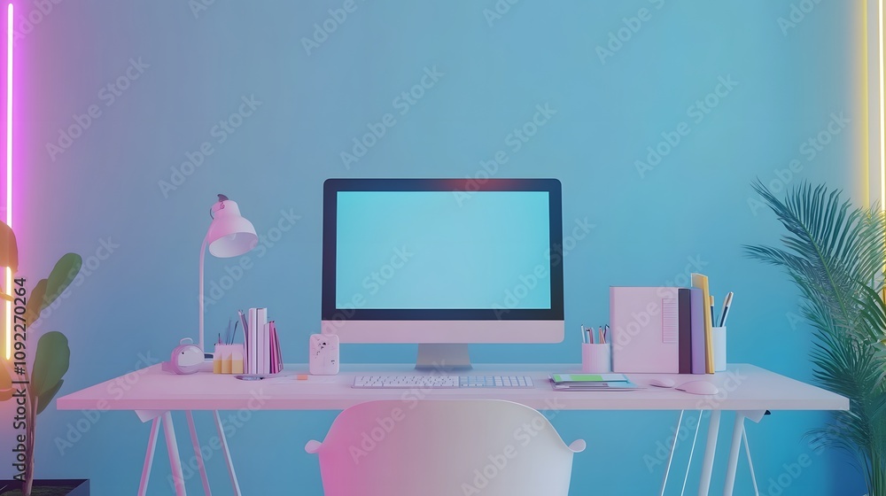 Poster A minimalist desk showcasing 3D glowing workflow integrations and 2D success markers. 4k resolution, Cinematic Scene