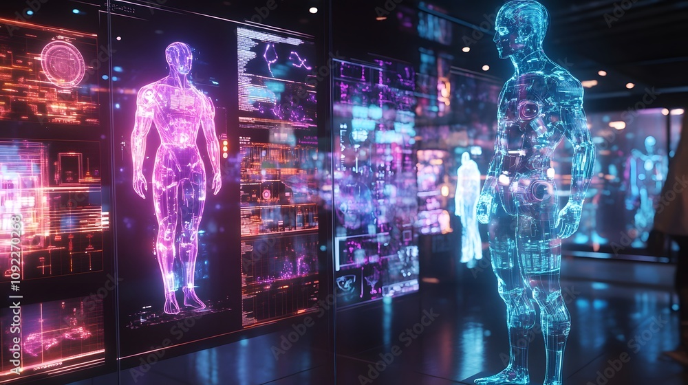 Poster A futuristic design lab displaying 3D glowing product concepts and 2D visual analyses of market fit. 4k resolution, Cinematic Scene