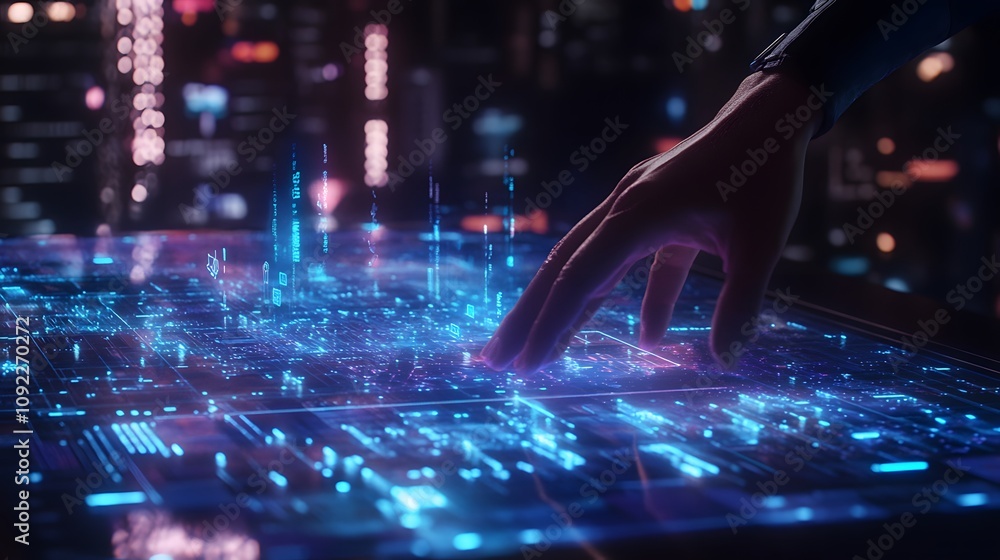 Poster a professional refining a 3d holographic visualization of a market strategy, with 2d floating annota