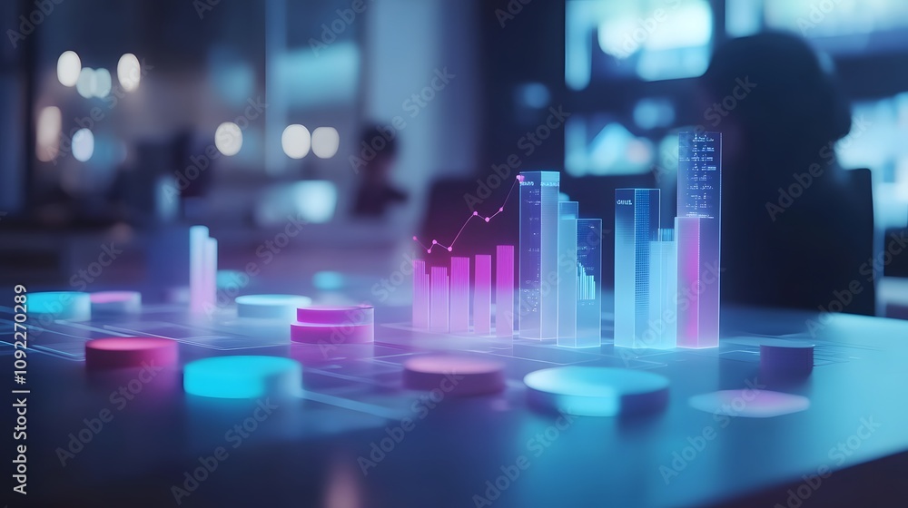 Poster A corporate team brainstorming with 3D glowing competitive analysis graphs and 2D floating actionable items. 4k resolution, Cinematic Scene