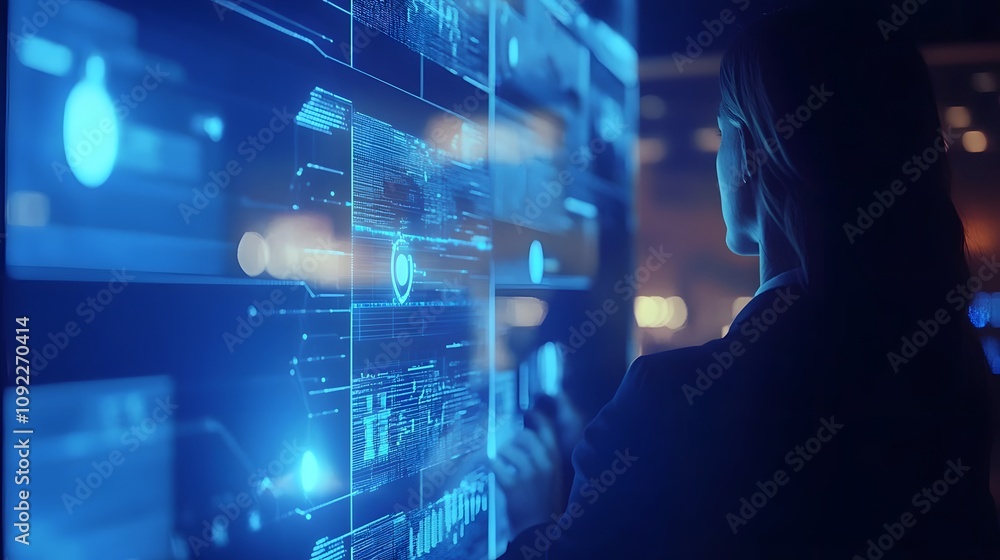 Poster a digital collaboration room featuring 3d glowing organizational alignment visuals and 2d floating s