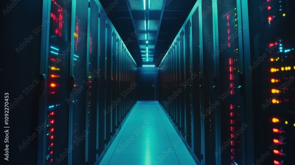 Poster illuminated server room corridor rows of servers