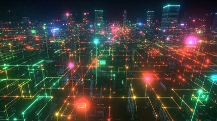 Fototapeta premium Futuristic city network glowing at night.