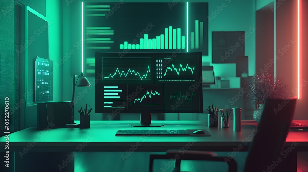 Poster a minimalist office setup with 3d glowing financial kpis and 2d animations of team contributions. 4k