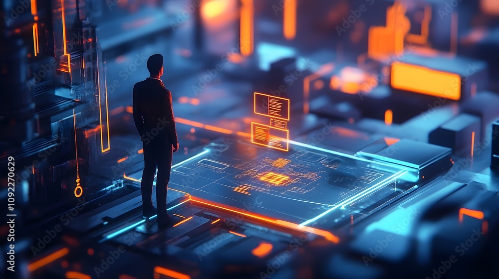 Poster a modern professional discussing a 3d holographic business lifecycle with 2d glowing task annotation