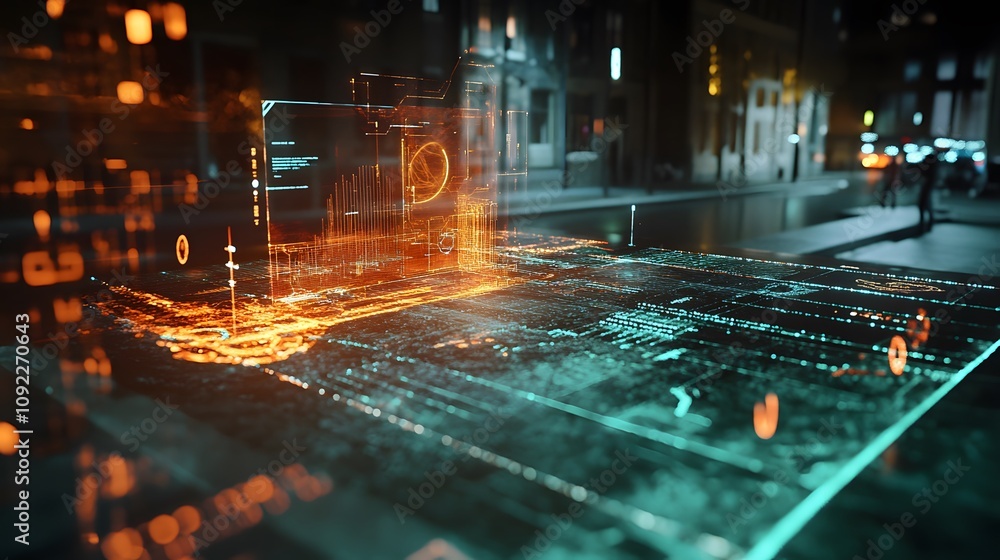 Poster a presentation highlighting 3d glowing growth opportunities with 2d visual overlays of risk assessme