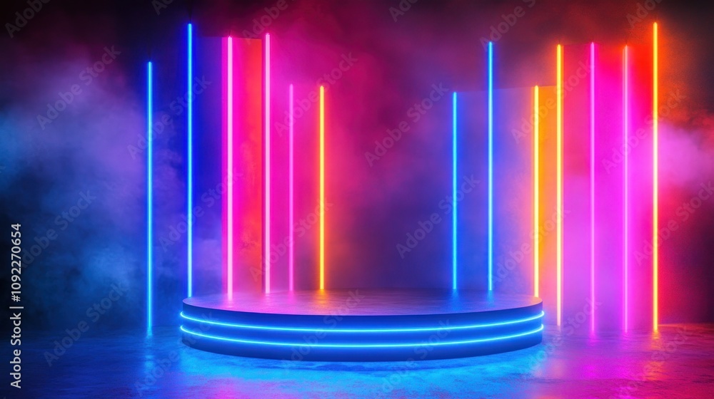 Poster neon lights illuminate circular platform stage design