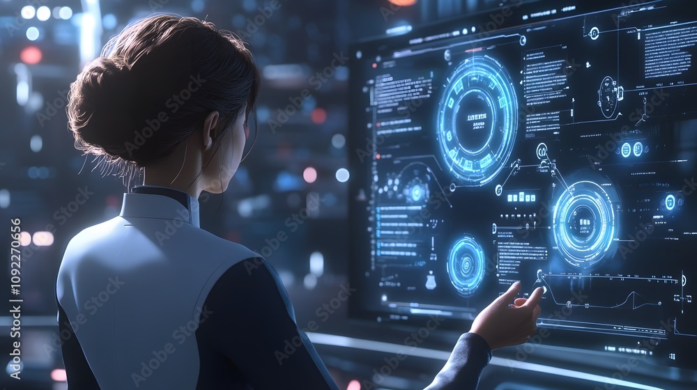 Poster a modern professional discussing a 3d holographic business lifecycle with 2d glowing task annotation