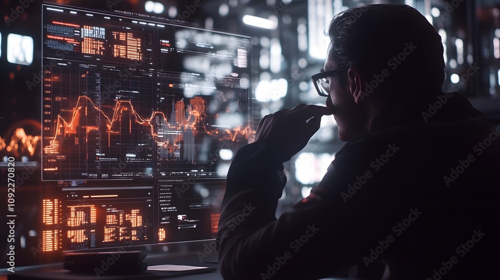Poster a professional refining a 3d holographic visualization of a market strategy, with 2d floating annota