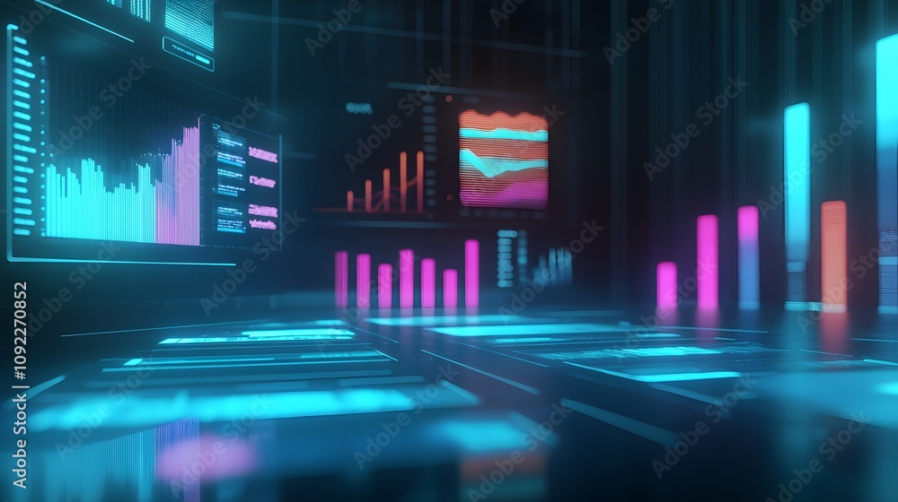 Poster A corporate team brainstorming with 3D glowing competitive analysis graphs and 2D floating actionable items. 4k resolution, Cinematic Scene