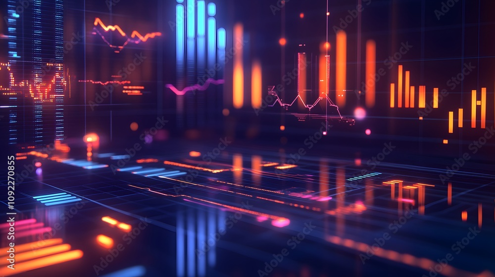Poster A corporate team brainstorming with 3D glowing competitive analysis graphs and 2D floating actionable items. 4k resolution, Cinematic Scene