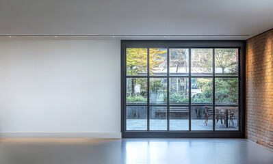 Fototapeta premium Modern interior with large window overlooking garden seating area in bright daylight