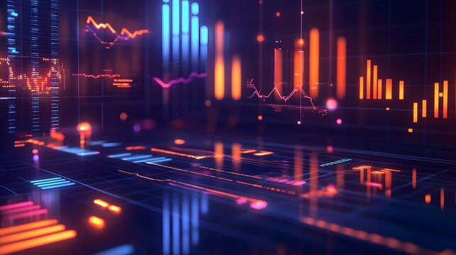 A corporate team brainstorming with 3D glowing competitive analysis graphs and 2D floating actionable items. 4k resolution, Cinematic Scene