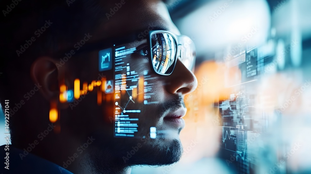 Poster A professional using augmented reality glasses to interact with 3D project management visuals and 2D progress metrics. 4k resolution, Cinematic Scene