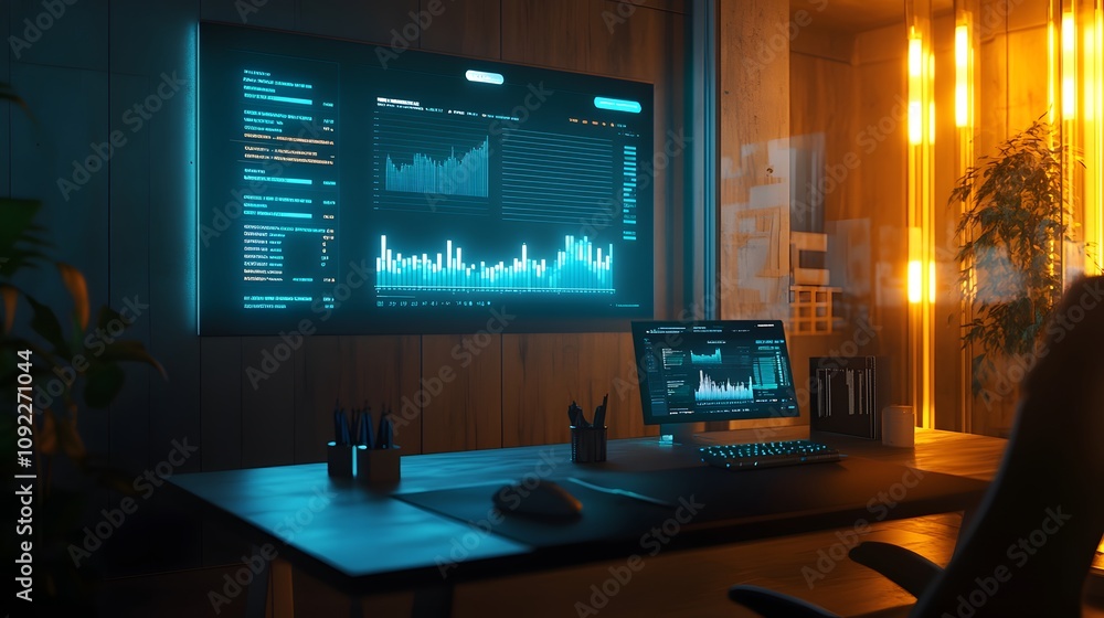 Poster a minimalist office featuring 3d holographic financial data projections with 2d glowing annotations 