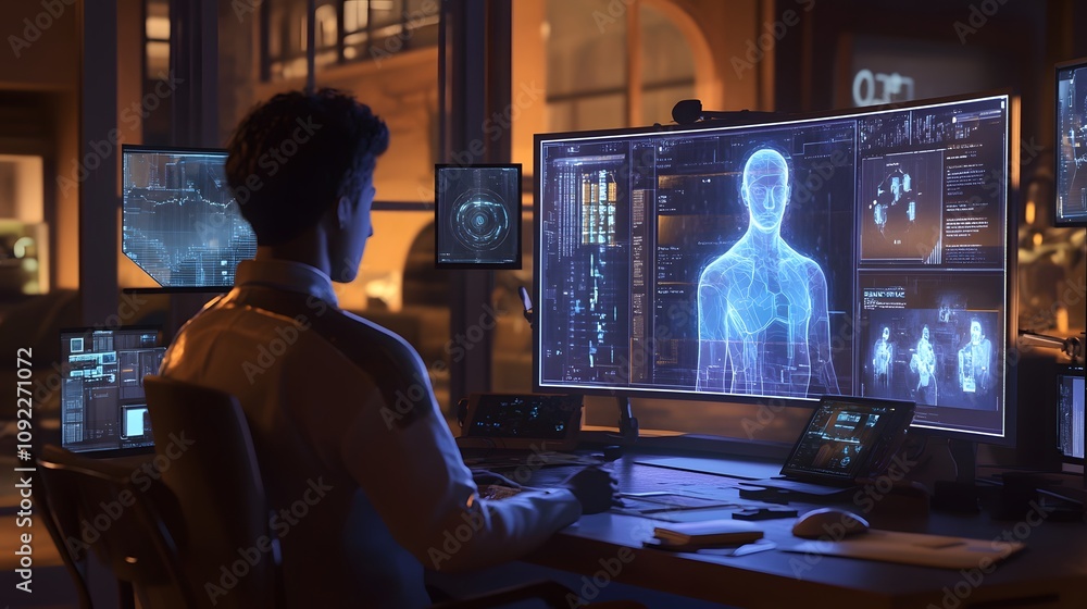 Poster a workspace where 3d holographic team member avatars collaborate in real time, complemented by 2d vi