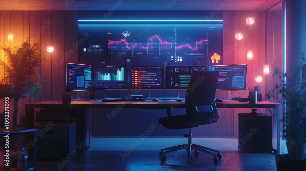 Poster A minimalist office setup with 3D glowing dashboards tracking AI integration and 2D visual performance insights. 4k resolution, Cinematic Scene