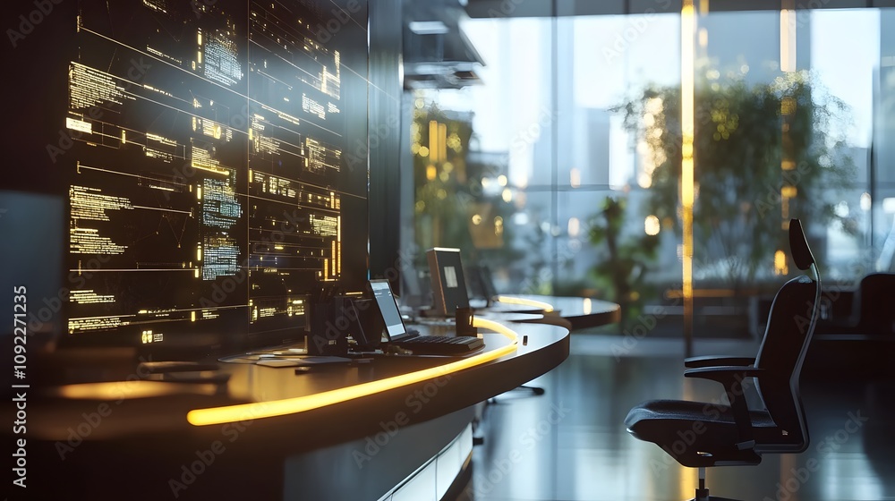 Poster a modern office where professionals review 3d glowing timelines of digital evolution and 2d task enh