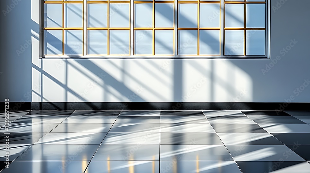 Poster sunlight streams through large window onto checkered floor in minimalist room.