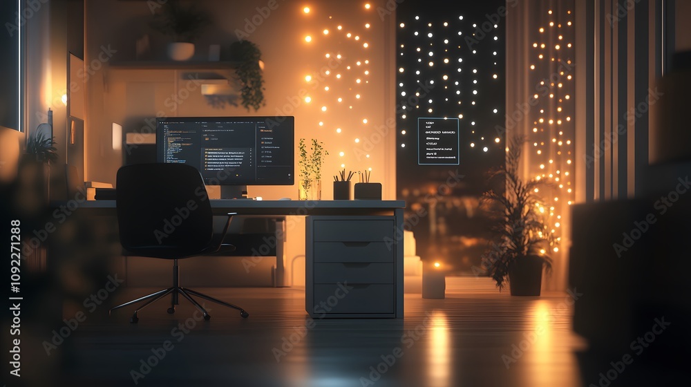 Poster A modern home office with 3D glowing collaboration tools projecting on a desk and 2D floating feedback elements. 4k resolution, Cinematic Scene