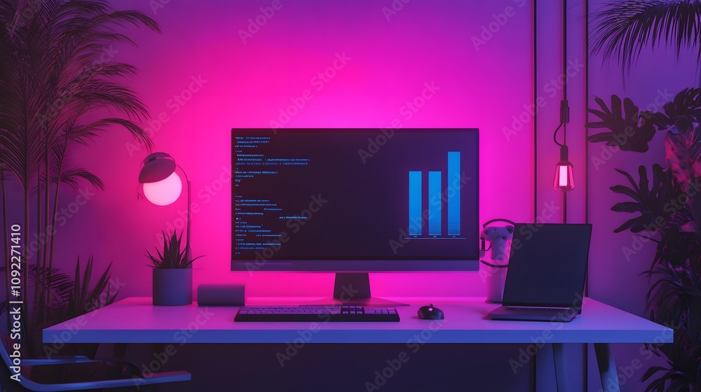 Poster A minimalist setup where 3D glowing productivity metrics are reviewed with 2D floating team goals. 4k resolution, Cinematic Scene