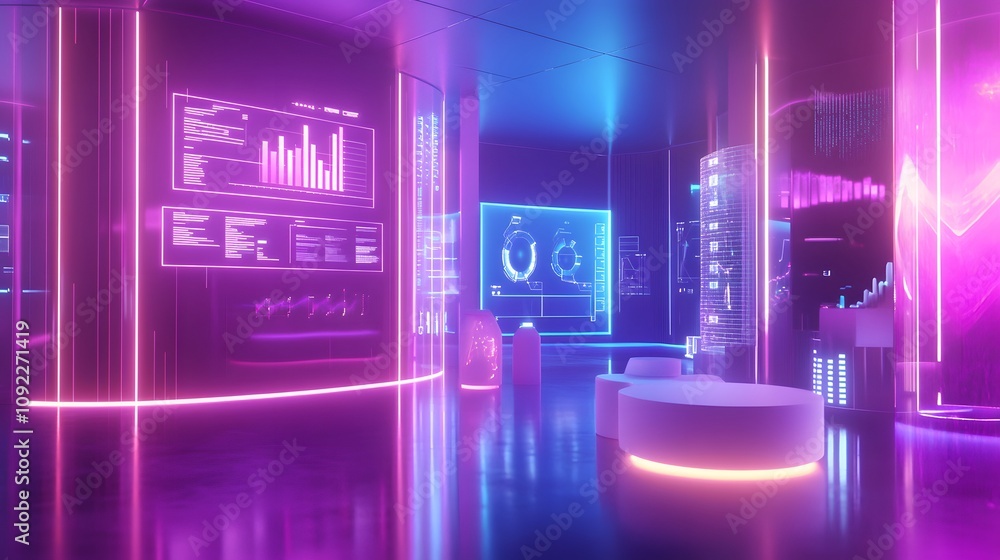 Aufkleber A futuristic design lab displaying 3D glowing product lifecycle graphs with 2D floating user feedback. 4k resolution, Cinematic Scene