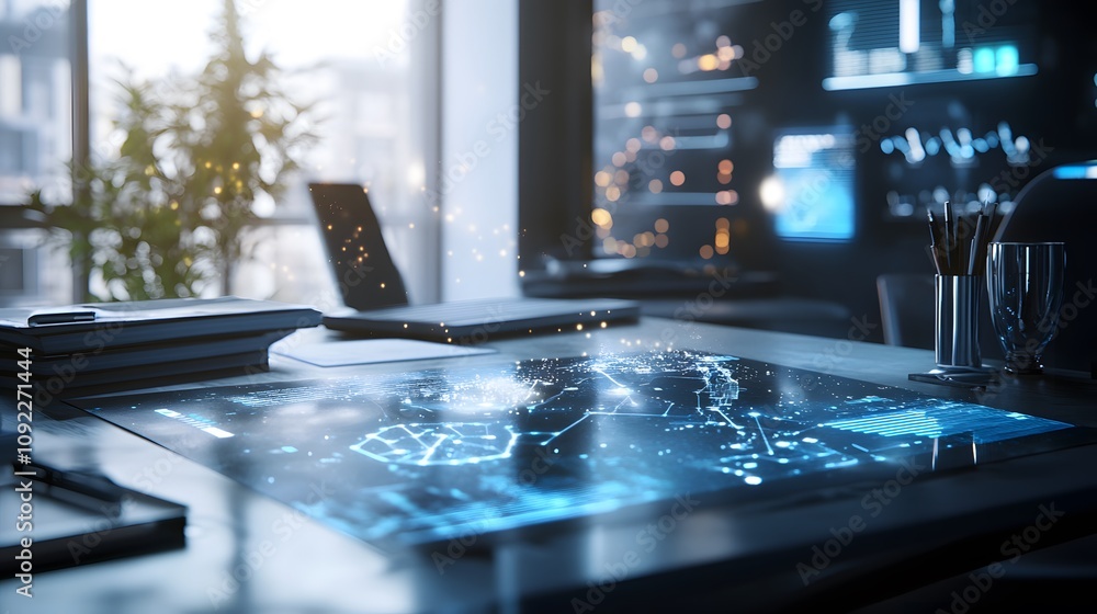 Poster A modern workspace integrating 3D glowing augmented reality tools and 2D visual aids for creative collaboration. 4k resolution, Cinematic Scene