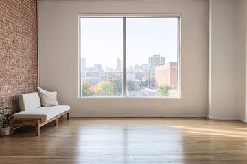 Spacious empty room with a large window overlooking a city skyline in daylight