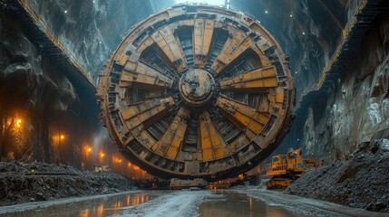 Fototapeta premium A large tunnel boring machine in an underground excavation site, surrounded by machinery and lighting.