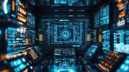Fototapeta premium Futuristic spaceship control room interior with glowing screens and interfaces.