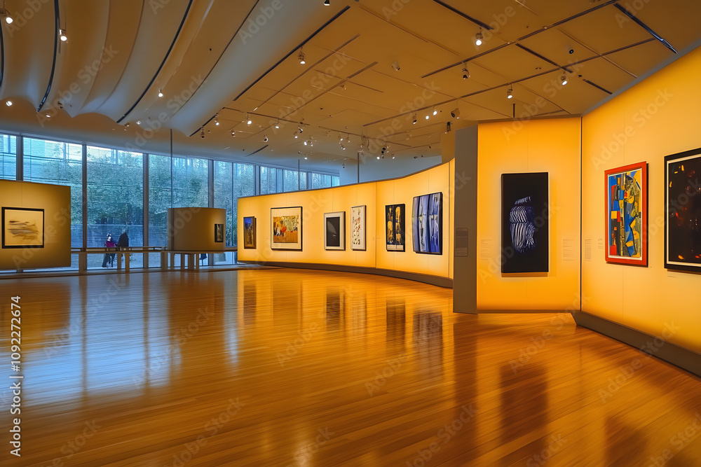 Aufkleber a gallery with modern art pieces displayed on movable partitions, allowing for flexible layouts