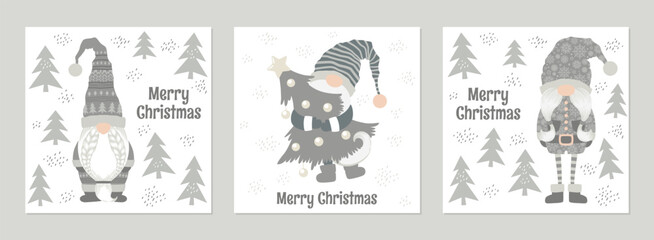 Merry Christmas and New Year vector illustrations set with cute hand drawn scandinavian gnomes, trees and letterings isolated on white background. Design for poster print, card, decoration