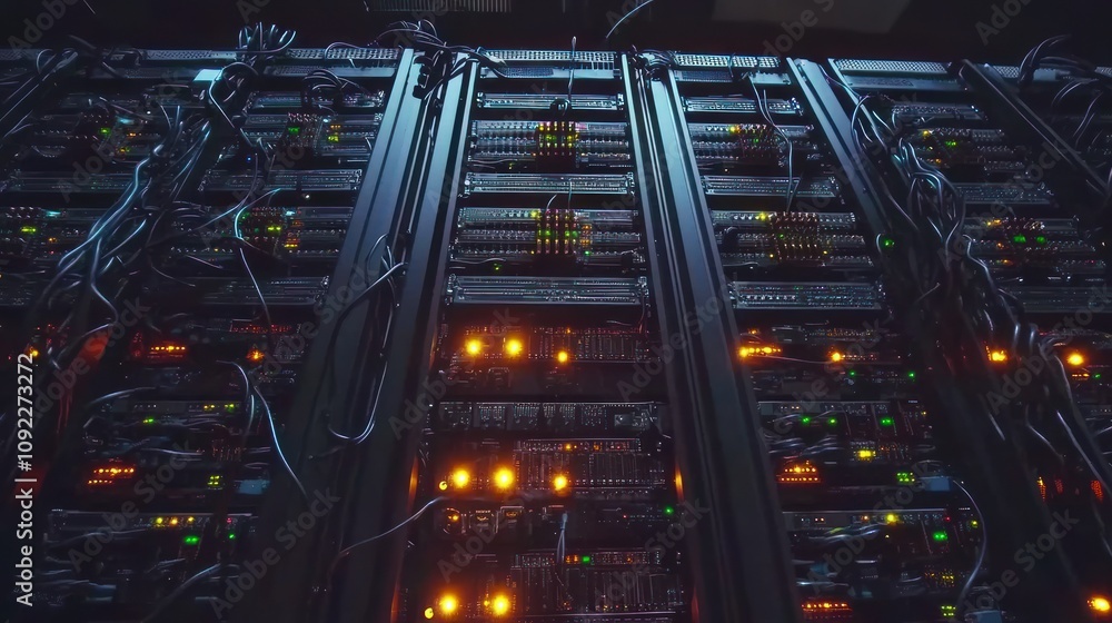 Poster illuminated server racks in a modern data center