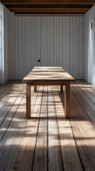 Fototapeta premium Light patterns on a wooden table in a minimalist interior space during the day