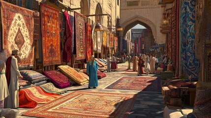 A Vibrant Carpet Bazaar: Sun-Drenched Rugs and Ancient Architecture