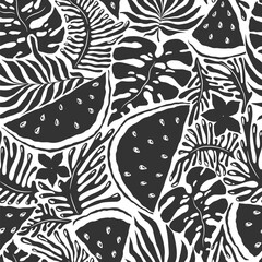 Seamless vector pattern with black hand drawn abstract tropical plants, exotic flowers, watermelons isolated on white background. Illustration template for fashion prints, fabric, card