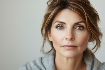Naklejka premium Close-up Portrait of a Middle-Aged Woman with Brown Hair and Hazel Eyes, Serene Expression