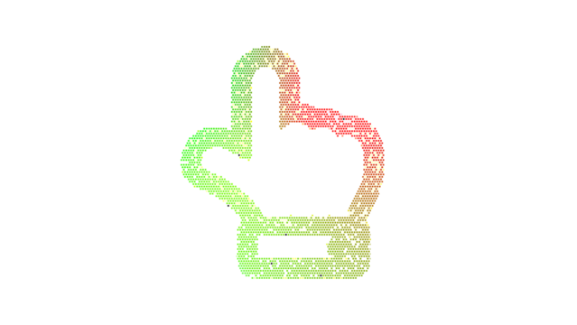 Icon hand point up is made up of LED square shapes. There are bright diodes and there are black dead diodes